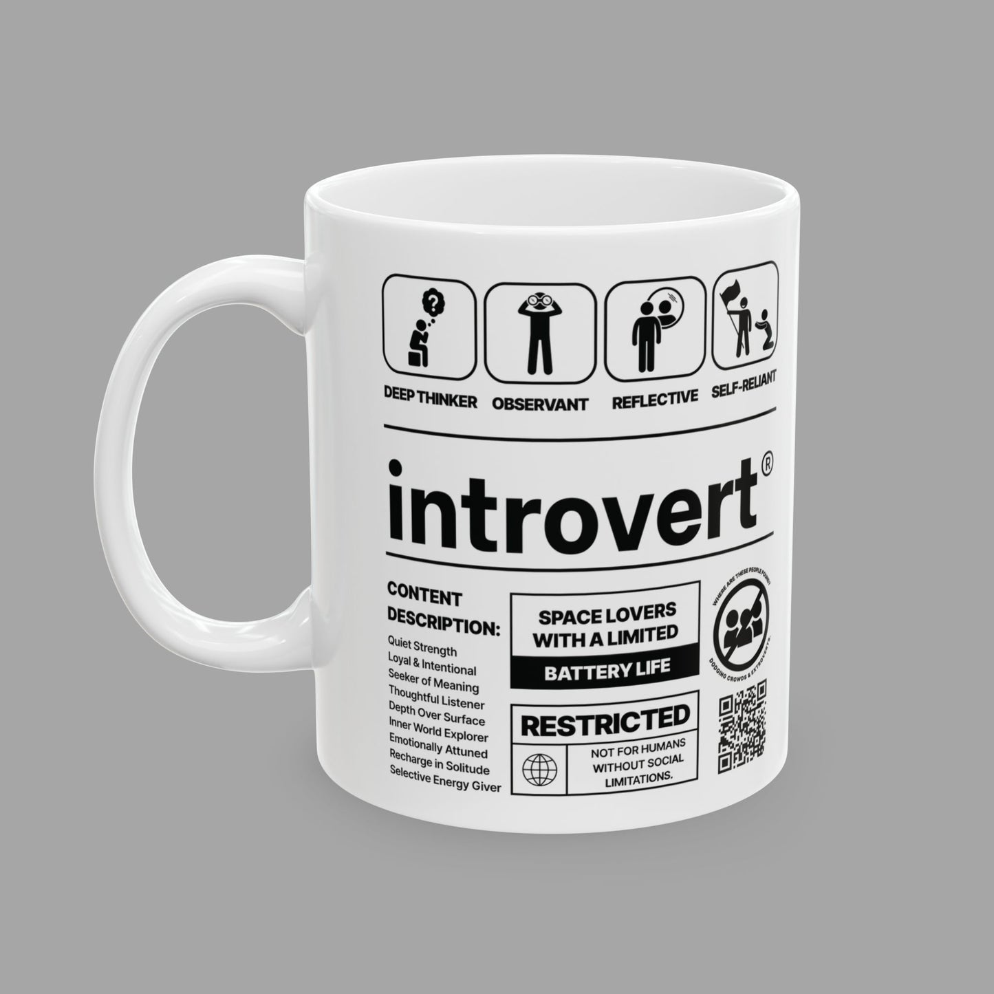 Introvert Ceramic Mug – 11oz White Coffee Cup from The Label Collection™ Left