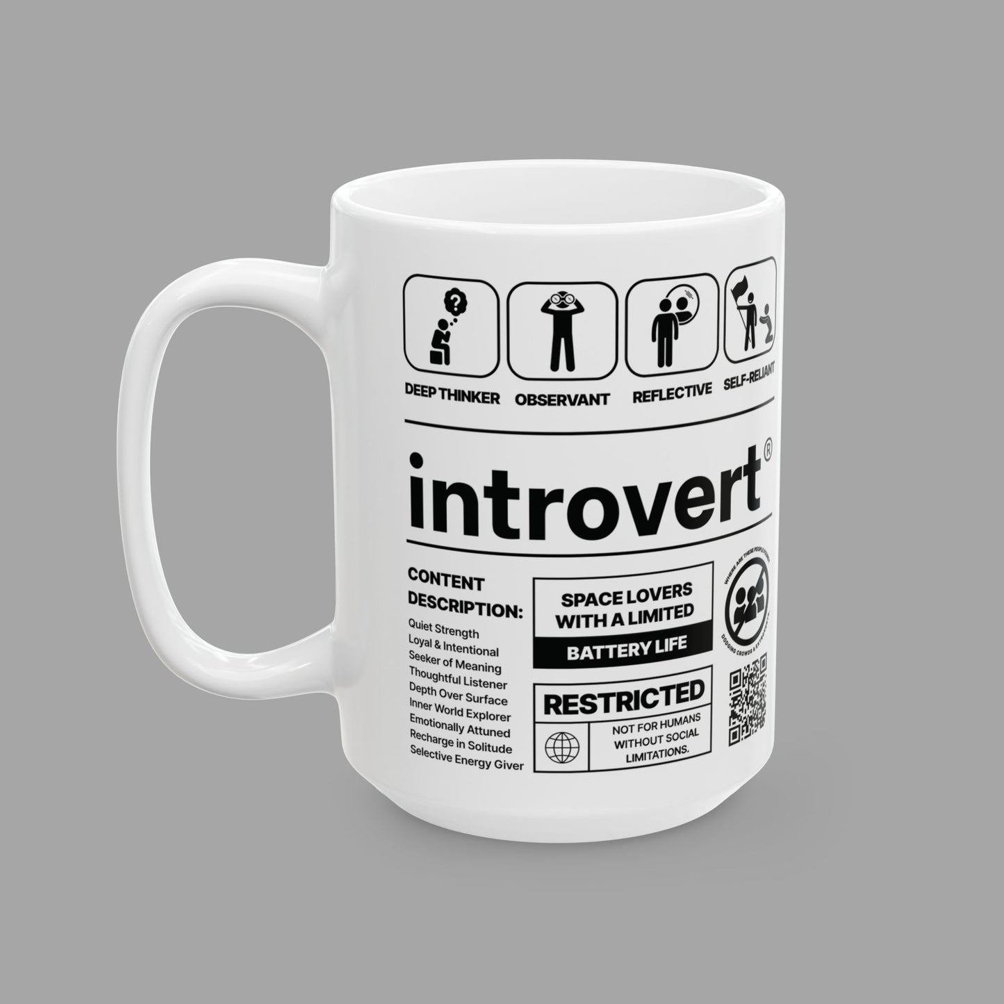 Introvert Ceramic Mug – 15oz White Coffee Cup from The Label Collection™ Left