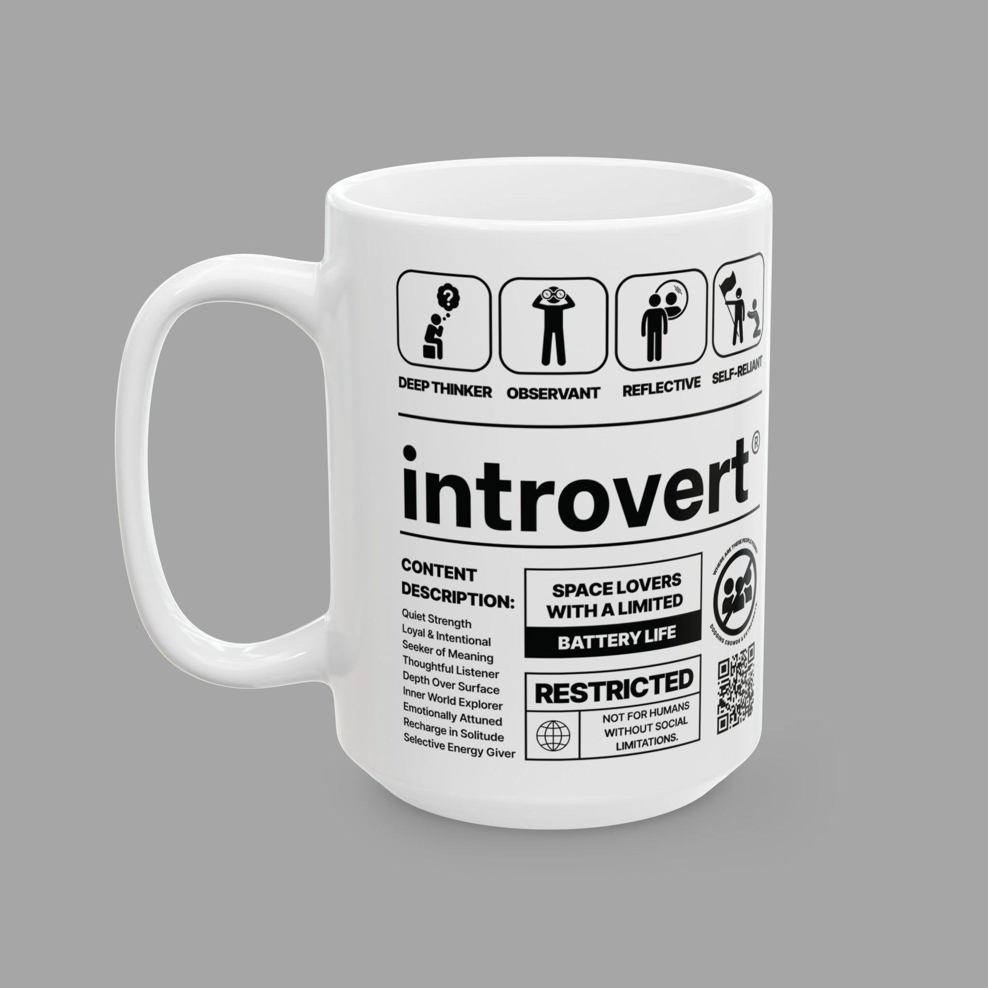 Introvert Ceramic Mug – 15oz White Coffee Cup from The Label Collection™ Left